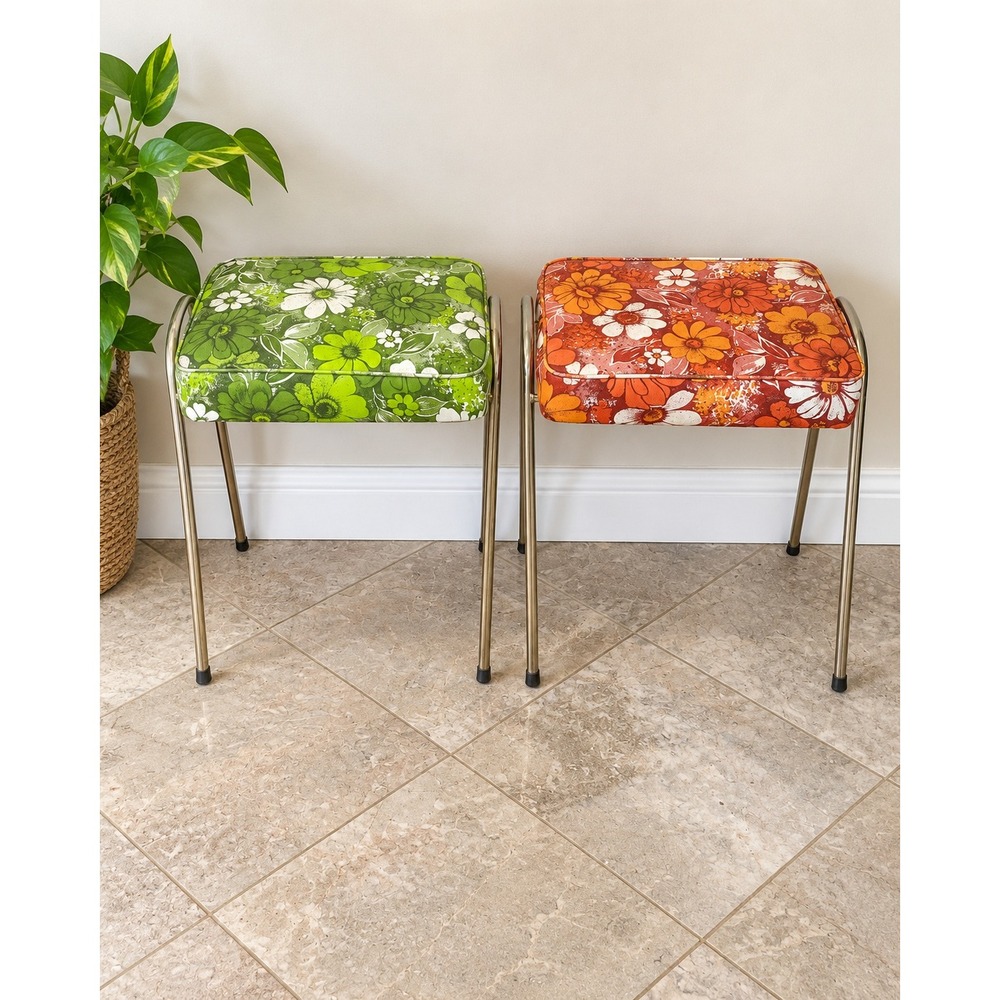 Vintage 70s Made in Canada Floral Stacking Stools Pair MCM Retro Groovy Vinyl